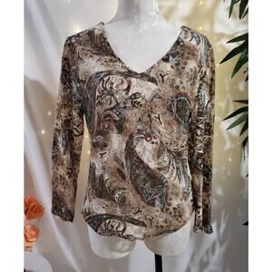 Vtg Tally Ho 90s Y2K Mesh Paisley 3/4 Sleeve V-Neck Top Womens Size L Boho Beige